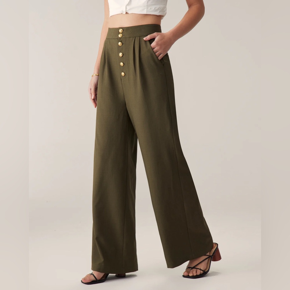 Rihoas Green High-Waisted Straight Wide-Leg Pants